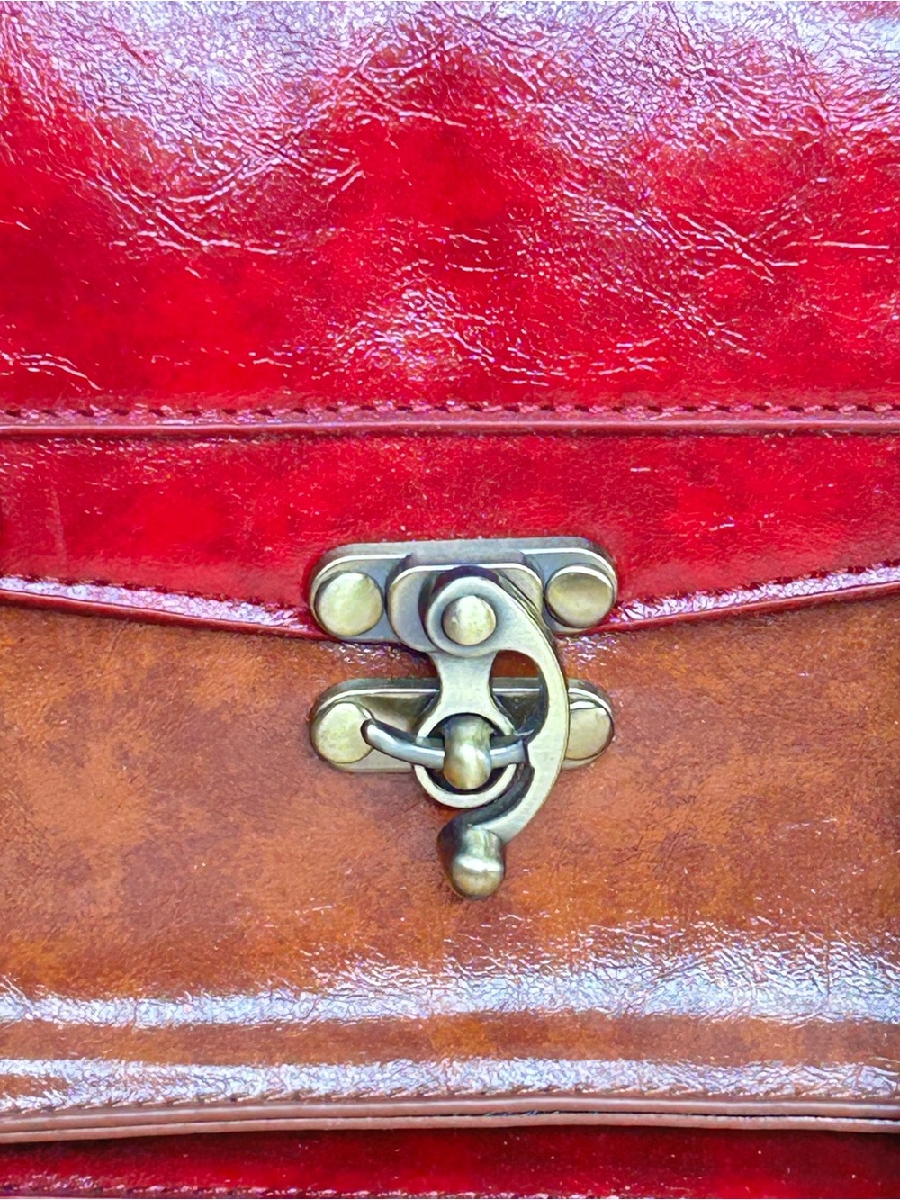 Red and Brown Purse Ecosusi Bag Faux Leather Rectangle Satchel with Buckles - Picture 14 of 16